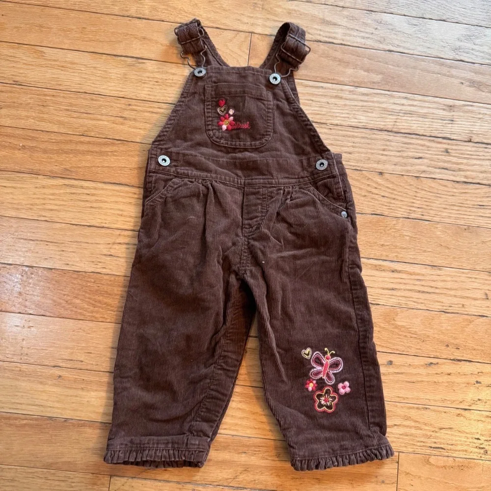 OshKosh Bgosh Girls‎ Brown Corduroy Floral Butterfly Embroidered Overalls 9M